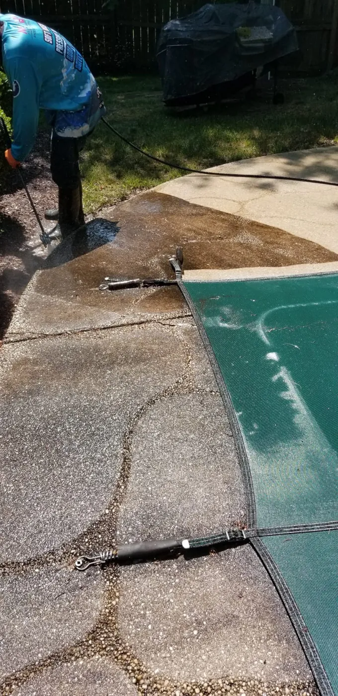 Pool deck pressure washing before and after in Montgomery County, MD